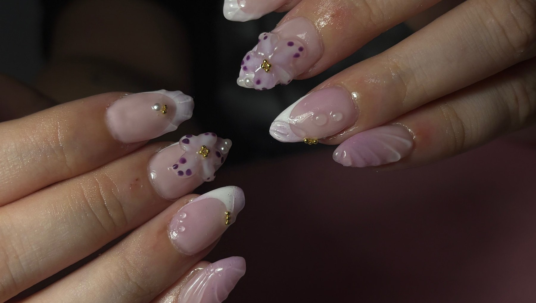 3D floral gel nails with pearls and gold detail — work from AF Beauty, Clonmel