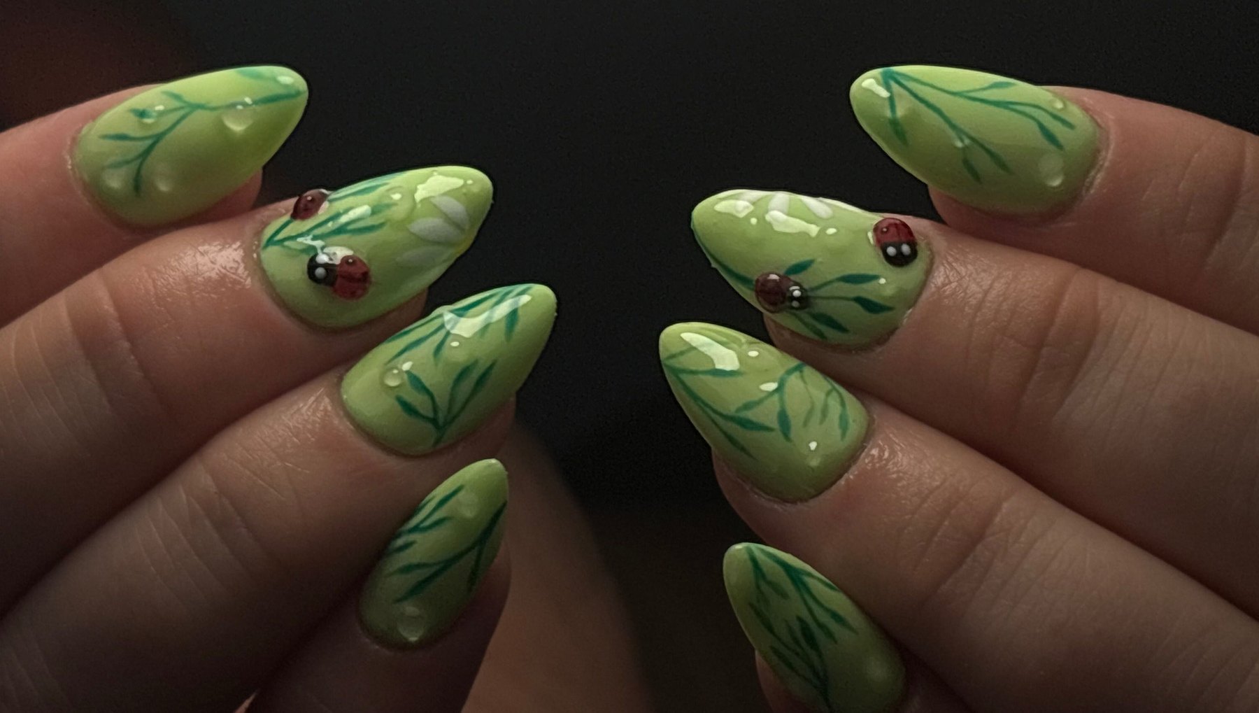 Botanical gel nail art with ladybirds and dew-drop gel — AF Beauty, Clonmel